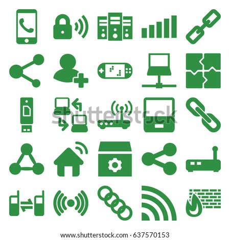 Connection icons set. set of 25 connection filled icons such as puzzle, gear, share, add friend, connected phone, security lock, router, signal, house signal