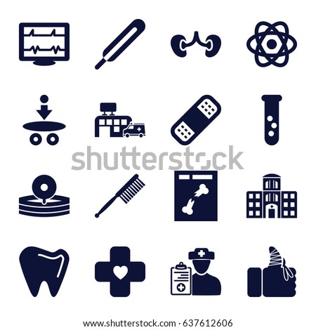 Medicine icons set. set of 16 medicine filled icons such as toothbrush, heartbeat, themometer, bandage, kidney, x ray, injured finger, hospital building, doctor prescription