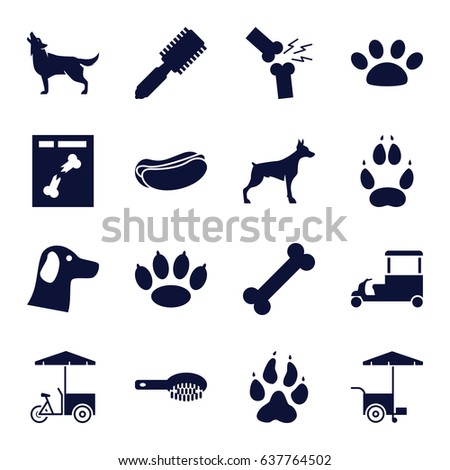 Dog icons set. set of 16 dog filled icons such as animal paw, wolf, hair brush, fast food cart, x ray, broken leg or arm, paw