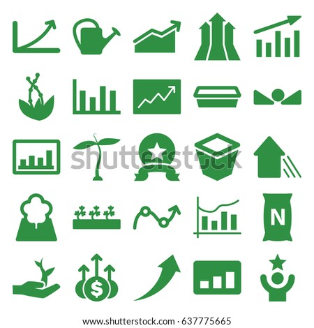 Growth icons set. set of 25 growth filled icons such as plant, watering can, pot for plants, sprout plants, bag with ground, graph, chart, line graph, arrow up, tree