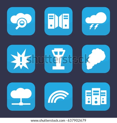 Cloud icon. set of 9 filled cloud icons such as airport tower, thunder, smoke, server, rainbow