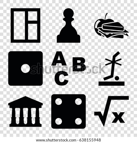 Square icons set. set of 9 square filled icons such as court, dice, window, sandwich and apple, no standing nearby, pawn, abc
