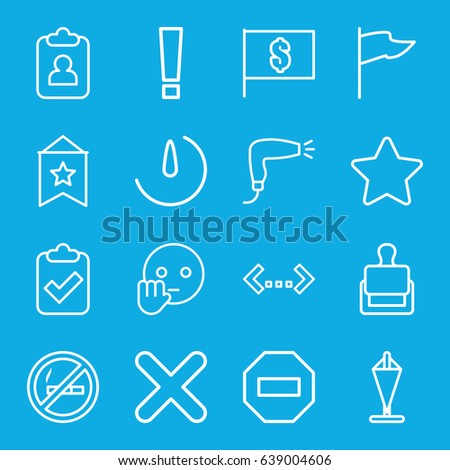 Mark icons set. set of 16 mark outline icons such as stamp, hair dryer, star, cross, stopwatch camera, bye emot, flag with dollar, flag, clipboard, clipboard with tick, minus