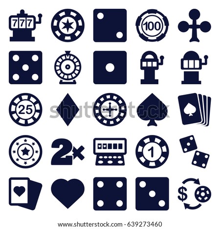 Gamble icons set. set of 25 gamble filled icons such as pllaying card, spades, clubs, hearts, diamonds, roulette, slot machine, casino chip and money, 1 casino chip, dice