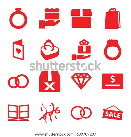 Gift icons set. set of 16 gift filled icons such as diamond, shopping bag, rings, ring in box, confetti, love card, photo album, sale, ring, question box, box, dollar card