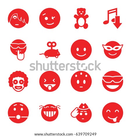 Funny icons set. set of 16 funny filled icons such as teddy bear, mouse toy, smiling emot, wink emot, emoji in mask, eating mouth
