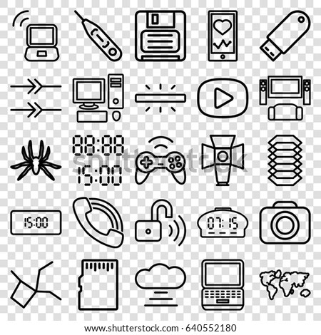 Digital icons set. set of 25 digital outline icons such as spider, heartbeat on phone, call, diskette, thermometer, flash drive, camera, soft box, opened security lock