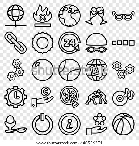 set of 25 round outline icons such as globe, boiled egg, basketball, no fire, 24 support, clink glasses, disc on fire, clock in gear, pizza, switch off, info