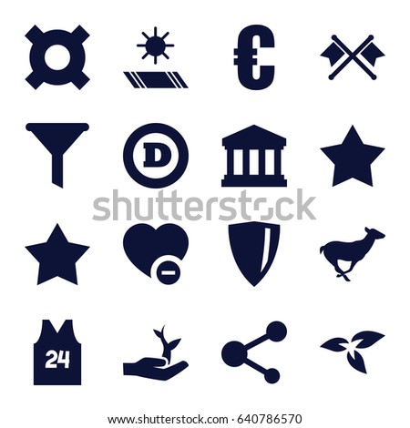 Emblem icons set. set of 16 emblem filled icons such as plant, antelope, star, d letter, minus favorite, share, court building, sport t shirt number 24, plant on hand