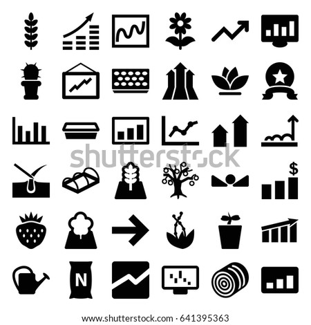 Growth icons set. set of 36 growth filled icons such as hay, arrow up, shave hair in skin, graph, watering can, pot for plants, plant in pot, flower, strawberry