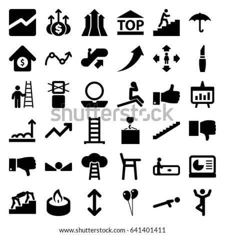 Up icons set. set of 36 up filled icons such as escalator, ladder, stairs, powder, lipstick, balloon, man move, hook with cargo, keep dry cargo, dislike, line chart, candle