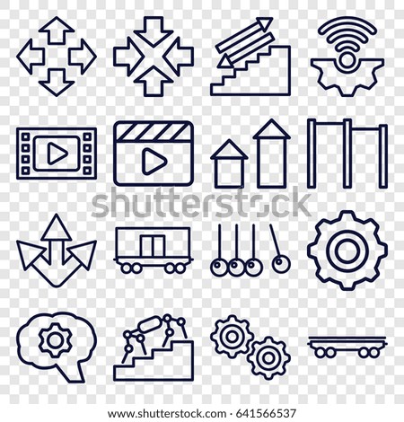 Motion icons set. set of 16 motion outline icons such as arrow up, cargo wagon, movie clapper, gear, gear    sign symb, move, cradle, stairs, gear connection, arrow