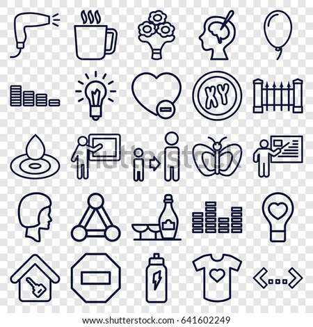 Creative icons set. set of 25 creative outline icons such as mug, connection, fence, butterfly, water drop, hair dryer, champagne and wine glasses, equalizer, son and father