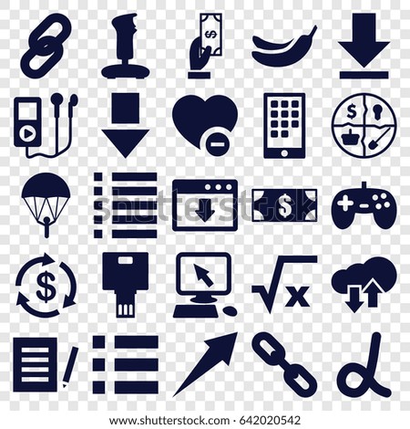 App icons set. set of 25 app filled icons such as money, payment, banana, pointer on display, minus favorite, download, menu, camera, calendar on phone, download upload cloud