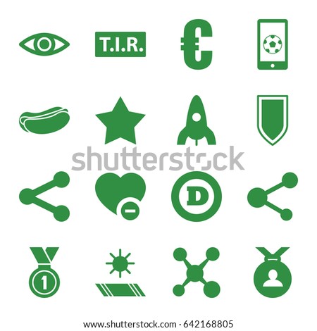 Emblem icons set. set of 16 emblem filled icons such as rocket, star, d letter, medal, hot dog, tir, minus favorite, share, eye, football on phone, carpet in the sun, shield
