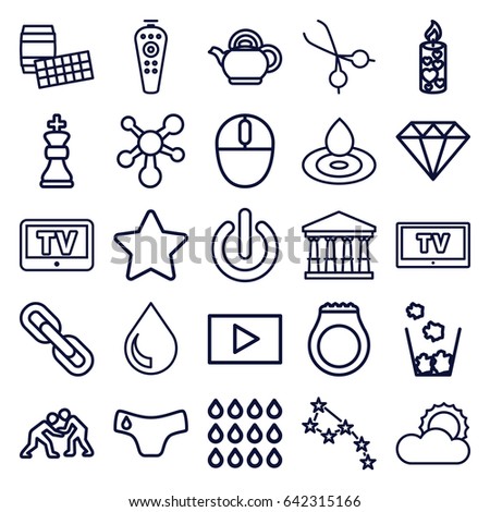 Shiny icons set. set of 25 shiny outline icons such as tv, court, children panties, water drop, diamond, candle, remote control, sun, medical scissors, mouse, play, teapot