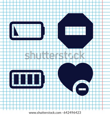 Set of 4 minus filled icons such as minus favorite, ful battery, low battery