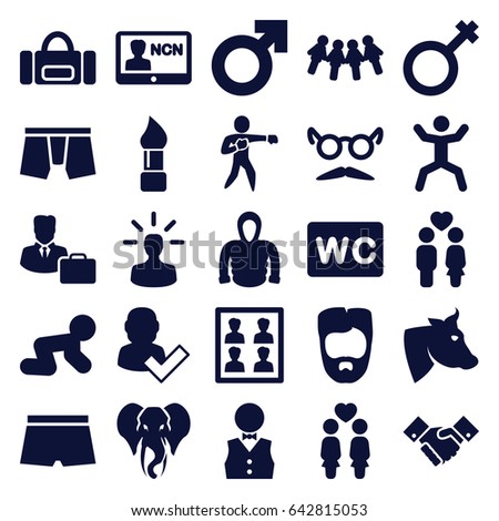 Male icons set. set of 25 male filled icons such as cow, elephant, baby crawl, brush, man hairstyle, wc, man underwear, hoodie, mustache and glasses, squat, women couple