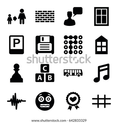 Square icons set. set of 16 square filled icons such as airport bus, window, abc cube, chatting man, son and father, shocked emoji, heart ribbon, diskette, music equalizer