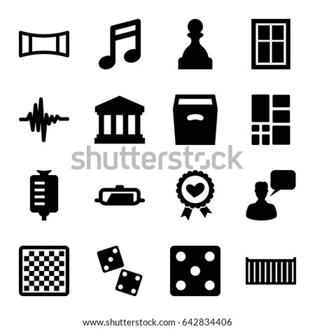 Square icons set. set of 16 square filled icons such as pan, window, dice, chatting man, drop counter, cargo box, heart ribbon, box, music equalizer, panorama mode, grid