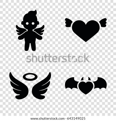 Angel icons set. set of 4 angel filled icons such as wings, heart with wings, devil heart with wings