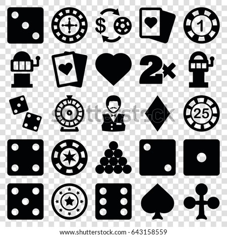 Gamble icons set. set of 25 gamble filled icons such as spades, clubs, hearts, diamonds, roulette, casino chip and money, 1 casino chip, dice, slot machine, playing card, dice