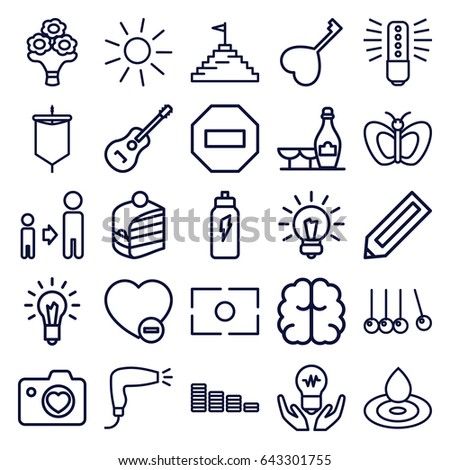 outline icons such as pencil, butterfly, water drop, hair dryer, sun, champagne and wine glasses, equalizer, brain, son and father