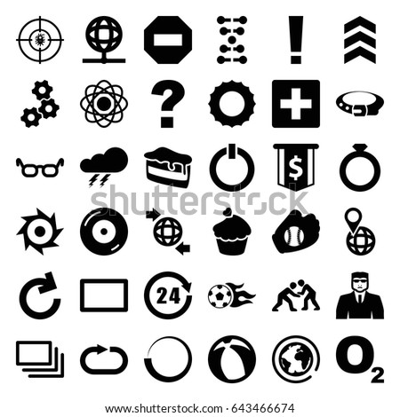Round icons set. set of 36 round filled icons such as thunder, belt, security guy, piece of cake, qround the globe, pin on globe, muffin, disc on fire, dna, reload replay