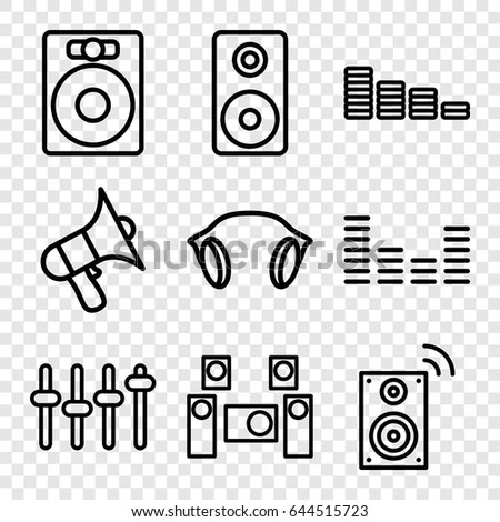Volume icons set. set of 9 volume outline icons such as equalizer, volume, earphones, loudspeaker, audio system, music loudspeaker