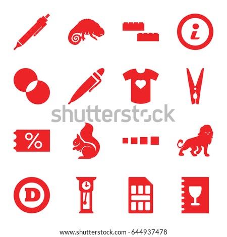 Template icons set. set of 16 template filled icons such as lion, squirrel, chameleon, d letter, pen, circle intersection, t-shirt with heart, cloth pin, menu, sim card, info
