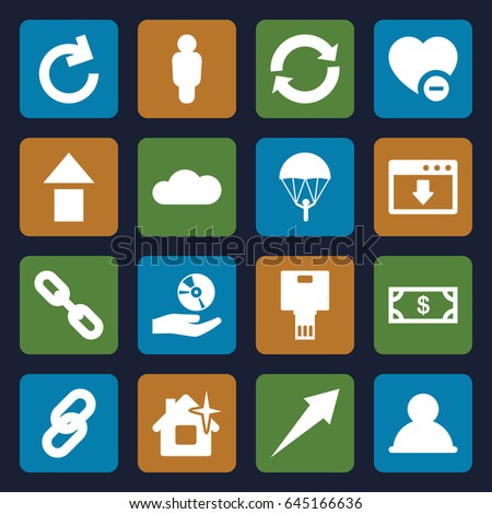 App icons set. set of 16 app filled icons such as money, clean house, minus favorite, cd on hand, cloud, camera, reload, arrow, user, parachute, arrow up, download cloud