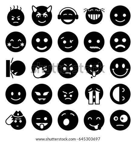 Smiley icons set. set of 25 smiley filled icons such as smiling emot, blush, wink emot, emoji showing tongue, emoji, crying emoji