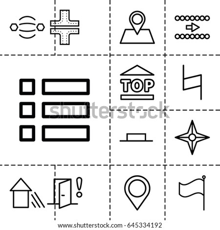 Navigation icon. set of 13 outline navigationicons such as road, top of cargo box, location pin, flag, music pause, pause, arrow up, door warning, map location, compass, arrow