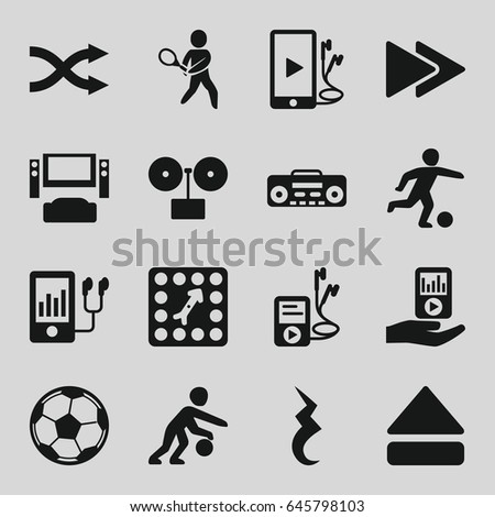 Player icons set. set of 16 player filled icons such as eject button, fast forward, phone and earphones, pause, shuffle, board game, tennis playing, fotball, tv system
