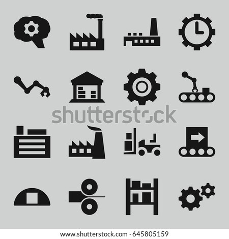 Factory icons set. set of 16 factory filled icons such as factory, gear, forklift, cargo barn, clock in gear, building, conveyor, conveyor and robot arm, paper press