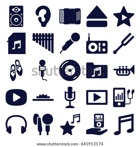 Music icons set. set of 25 music filled icons such as ear, disc on fire, microphone, mp3 player, eject button, tonometer, loudspeaker, harmonica, harmonic, mp3 player on hand
