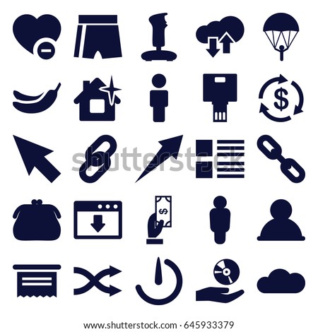 App icons set. set of 25 app filled icons such as money, payment, banana, clean house, minus favorite, shuffle, cd on hand, stopwatch camera, cloud, camera