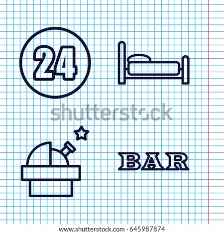 Set of 4 night outline icons such as bar, 24 hours, observatory