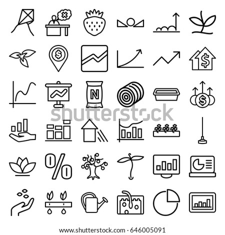 Growth icons set. set of 36 growth outline icons such as plant, hay, hand with seeds, hoe, watering can, pot for plants, flower, sprout plants, strawberry, bag with ground