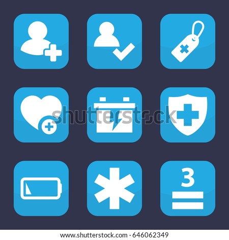 Plus icon. set of 9 filled plus icons such as battery, medical cross tag, medical sign, 3 allowed, add favorite, add friend, low battery