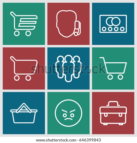 Customer icons set. set of 9 customer outline icons such as credit card, toolbox, shopping cart, angry emot, support, group
