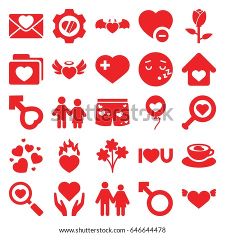 Love icons set. set of 25 love filled icons such as rose, heart with wings, sleeping emot, heart with cross, minus favorite, woman, male, couple