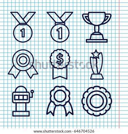 Set of 9 prize outline icons such as ribbon, trophy, number 1 medal, dollar award, medal, slot machine