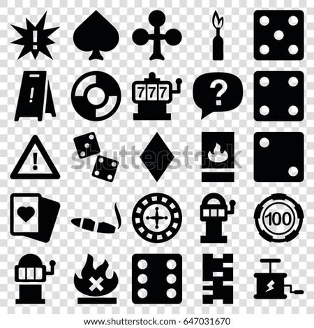 Risk icons set. set of 25 risk filled icons such as spades, clubs, diamonds, roulette, slot machine, 100 casino chip, dice, cigarette, wet floor, warning, no fire
