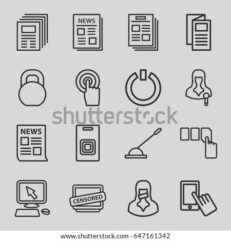 Press icons set. set of 16 press outline icons such as pointer on display, finger on display, push button, news, barbell, woman speaker, touchscreen, arm lever, censored woman