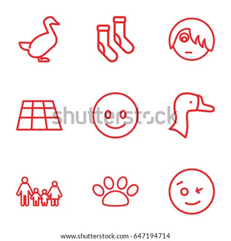 Cartoon icons set. set of 9 cartoon outline icons such as goose, socks, paw, smiling emot, wink emot, emo emot, family