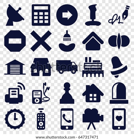 Button icons set. set of 25 button filled icons such as arrow right, house building, castle, shower, bell, heart mobile, satellite, mp3 player, ink pen, camera, garage, siren