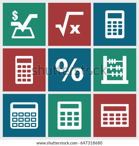 Calculation icons set. set of 9 calculation filled icons such as calculator, mathematical square, calclator, percent, square root