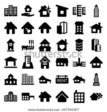 Residential icons set. set of 36 residential filled icons such as building, house building, building   isolated  sign symbol, house, business center, home care, clean house