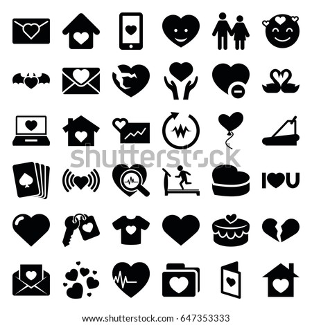 Heart icons set. set of 36 heart filled icons such as heart, treadmill, pllaying card, emot in love, broken heart, minus favorite, love letter, couple